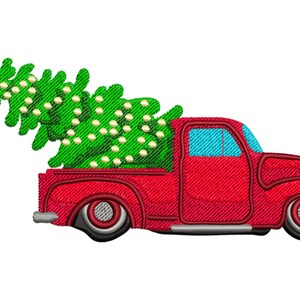Christmas Tree in a Truck Embroidery Design, Vintage Red Car Christmas Machine Embroidery Design, Christmas Tree Embroidery File.