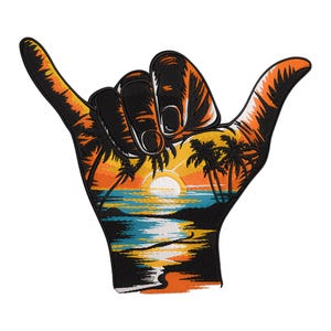 May include: Black embroidered patch of a hand making the shaka sign, with a sunset and palm trees in the background.