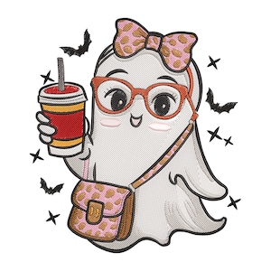 May include: A cartoon ghost wearing pink glasses, a pink bow with brown spots, and a pink and brown crossbody bag. The ghost is holding a red and yellow cup with a straw. There are bats and stars in the background.