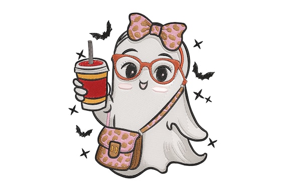 Cute Girl Ghost with Coffee Embroidery Design, Halloween Machine File