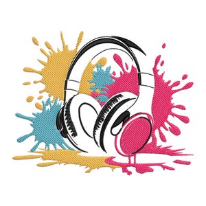 Puede incluir: Auriculares negros y blancos con un diseño de salpicaduras de pintura de colores. Las salpicaduras de pintura son amarillas, azules y rosas.