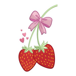 May include: Embroidered design featuring two red strawberries with green stems and leaves, connected by a green vine. A pink bow is tied at the top, with small pink hearts floating nearby. The design is on a white background.
