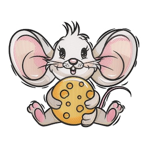 May include: A cartoon mouse with large pink ears holds a round yellow cheese with holes. The mouse has a white body with black eyes and a pink nose.