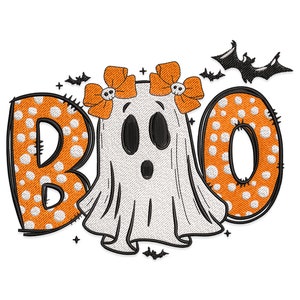 Boo Embroidery Design, Halloween Girl Ghost with Bats Boo Machine Embroidery Design, Boo Halloween Embroidery File.