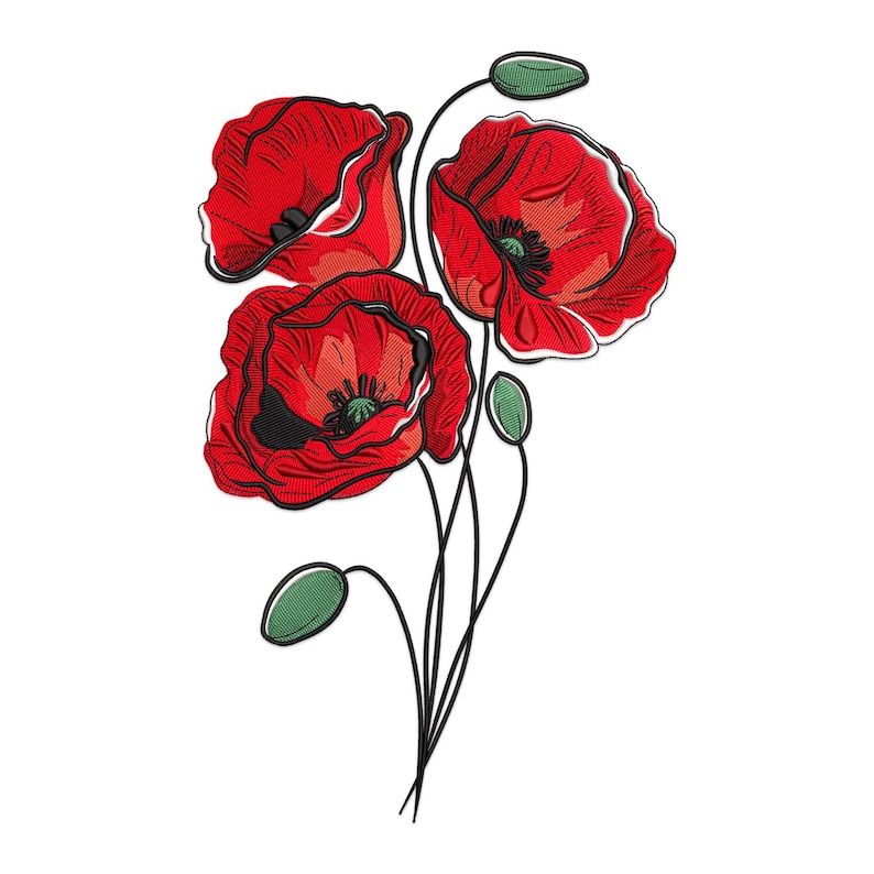 May include: A detailed illustration of three vibrant red poppies with black centers and green buds. The flowers have a textured appearance, with black outlines and green accents on the stems and buds. The image is set against a clean white background.