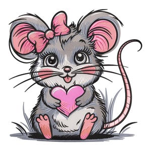 Mouse Embroidery Design with Heart and bow ,  valentine day machine embroidery design