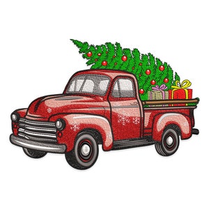 Christmas Tree in a Truck Embroidery Design, Vintage Red Car Christmas Machine Embroidery Design, Christmas Tree Embroidery File.
