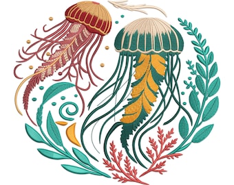 Jellyfish Machine Embroidery Design: Sea Creature PES File (3.5-7.5 inch Sizes)