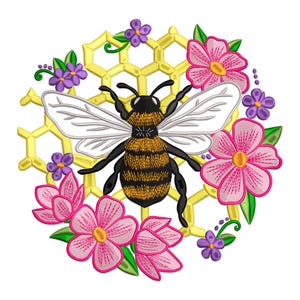 Bee Happy Embroidery Design, Bee Happy with Sunflower Machine Embroidery Design, Bee with Sunflower Embroidery File, Floral Bee PES File.