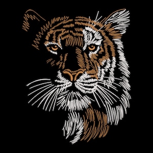 Könnte beinhalten: Nahaufnahme eines Tigergesichts, das in weißer und brauner Farbe auf einem schwarzen Hintergrund gestickt ist. Die Augen des Tigers sind offen und der Mund ist geschlossen.