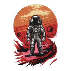 Astronaut mit Planeten, Astronaut mit Planeten, Maschinenstickerei, Astronaut auf dem Mond laufend, Stickdatei.