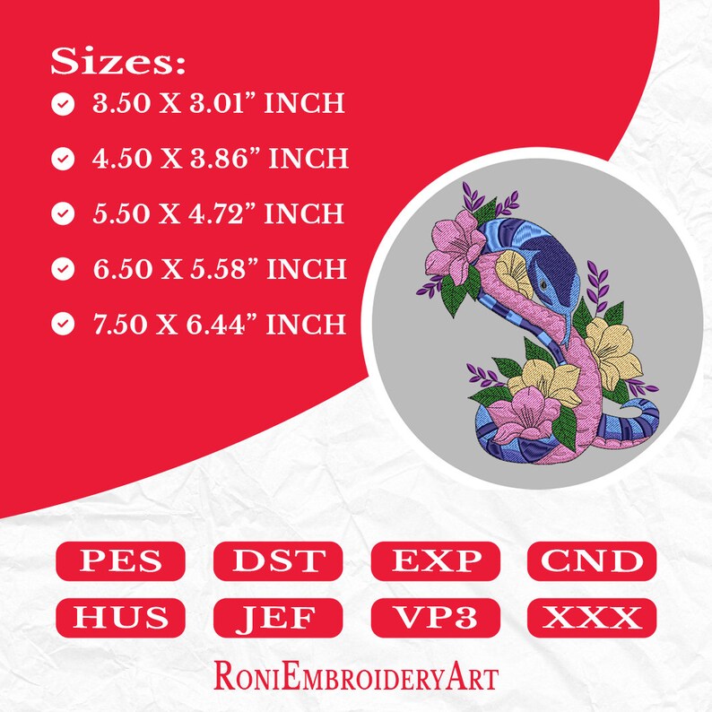 Pes Format Snake Snake Embroidery Design, Snake With Flowers Machine Embroidery Design ...