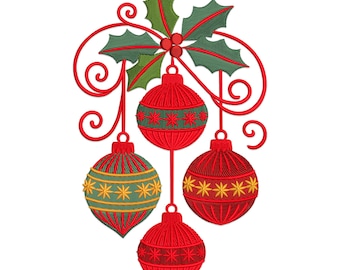 Peut inclure: Motif de broderie de décoration de Noël avec trois boules rouges et des accents dorés et verts, suspendues à une volute rouge et des feuilles de houx. Les boules ont des motifs d'étoiles et des détails texturés.