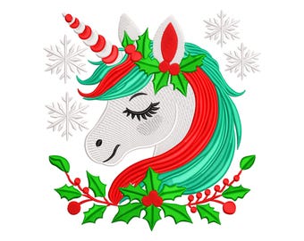 May include: White unicorn head with closed eyes, red and green holly leaves, and a candy cane horn. The unicorn is surrounded by snowflakes.