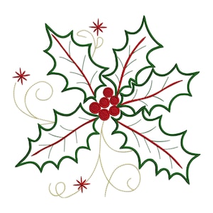 May include: A detailed embroidery design of a holly sprig, featuring green leaves with red veins and berries. Delicate gold swirls and red star accents surround the central holly motif, perfect for holiday-themed crafts and decorations.