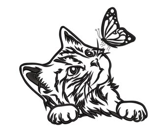 Floral Cat with Butterfly Embroidery Design (Digital File)