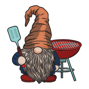 May include: A gnome with a red and brown hat holds a blue spatula in front of a red and silver barbecue.