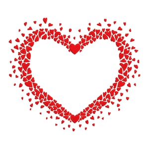 Könnte beinhalten: Eine rote Herzform aus kleineren roten Herzen. Die Herzen sind kreisförmig angeordnet und bilden einen Rahmen.