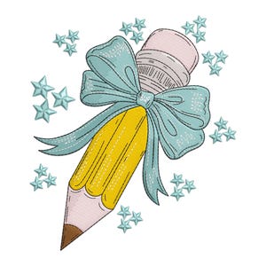 Pencil With Bow Embroidery Design, Pencil With Bow and Star Machine Embroidery Design, Teacher Coquette Bow Embroidery File, Pencil PES File