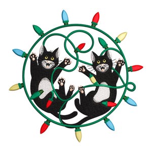 Cat with Christmas Lights Embroidery Design, Black Cats With Christmas Lights Machine Embroidery Design, Black Cat Christmas Embroidery File