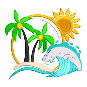 Beach Embroidery Design, Summer Beach with Sea Wave and Palm Tree Machine Embroidery Design, Mini Beach with Palm Tree Embroidery Pattern.