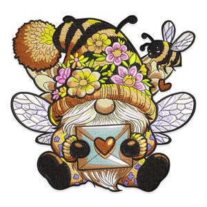 Gnomo abelha com desenho de bordado de flores, Gnomo abelha com desenho de bordado à máquina de flores e letras, Arquivo de bordado de gnomo.