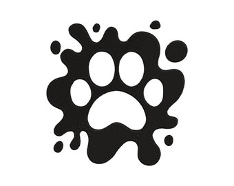 Könnte beinhalten: Schwarzer Pfotenabdruck in einem schwarzen Spritzer-Design auf weißem Hintergrund.
