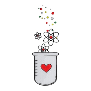 May include: An embroidered design featuring a gray beaker with a red heart, emitting atom symbols and colorful geometric shapes. The atoms have red, yellow, and green accents, and the shapes are red, yellow, green, and gray.