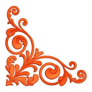 May include: An orange corner design with a floral and scroll pattern. The decorative element features a series of curved lines, swirls, and leaf-like shapes. The design is set against a white background, highlighting the intricate details of the ornament.