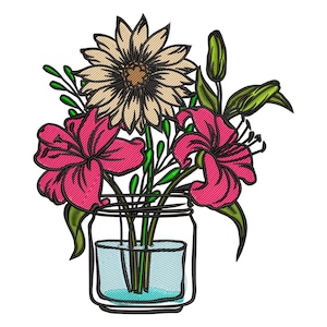 Flowers in Glass Jar Embroidery Design, Flowers In Mason Jar Machine Embroidery Design, Floral Arrangement Embroidery File.