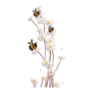 Può includere: Un disegno ricamato con margherite bianche con centri gialli e steli marroni. Tre api dei cartoni animati con strisce nere e gialle sono posizionate tra i fiori. Il disegno è ambientato su uno sfondo bianco.