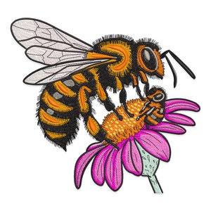 Bee Embroidery Design, Floral Honeybee Machine Embroidery Design, Floral Honeybee with Flower Embroidery Design, Honeybee and Bloom Design.