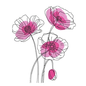 May include: An embroidered design of pink poppies with black outlines on a white background. The flowers have a detailed, delicate appearance, with the petals filled in with a lighter pink hue. The stems and bud are also visible.