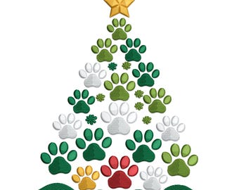 May include: A Christmas tree design made of paw prints in shades of green, white, yellow, and red, topped with a gold star. The tree sits on a green, wavy base, perfect for pet lovers.