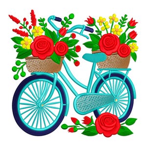 花付き自転車の刺繍デザイン、バスケットに入った花付き自転車の機械刺繍デザイン、花柄自転車の刺繍ファイル。