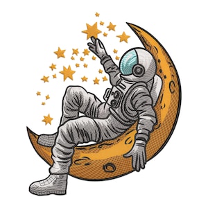 May include: An astronaut in a white spacesuit sits on a crescent moon, reaching for a yellow star. The moon is orange and has a textured surface. There are many small yellow stars scattered around the astronaut and moon.