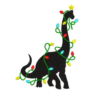 May include: A black silhouette of a dinosaur decorated with Christmas lights. The dinosaur has a long neck and tail, with a star on its head. The lights are red, yellow, and blue, and are wrapped around the dinosaur's body.