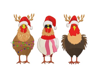 Diseño de bordado a máquina de pollos navideños: archivo de aves navideñas