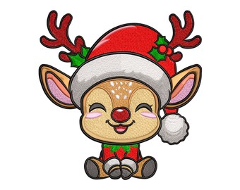 Christmas Reindeer Embroidery Design with Santa Hat (PES, DST, EXP)