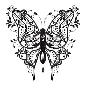 May include: Black and white intricate butterfly design with detailed wings and floral accents.