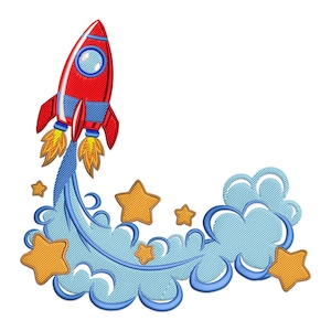 May include: A red rocket ship with blue and white accents is launching into the sky. The rocket is surrounded by blue clouds and yellow stars.