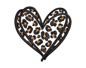 Diseño de bordado de corazón de leopardo, diseño de bordado a máquina de apliques con estampado de corazón de leopardo para el día de San Valentín, archivo de bordado con forma de corazón.
