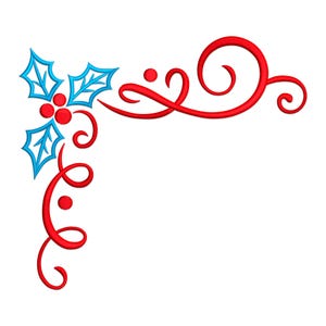May include: A decorative corner design featuring holly leaves and berries. The leaves are light blue, and the berries are red. Red swirls and curls complete the festive design, perfect for holiday-themed crafts and decorations.