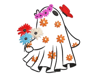 Floral Ghost Machine Embroidery Design, Halloween Embroidery File