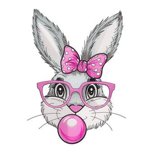 May include: A cartoon bunny wearing pink glasses and a pink bow with white polka dots, blowing a pink bubble.
