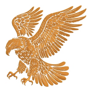 Pode incluir: Ilustração detalhada de uma águia dourada em voo, com as asas abertas. A águia é renderizada com intrincado trabalho de linha, mostrando penas e garras afiadas. A ave de rapina está em um fundo branco.