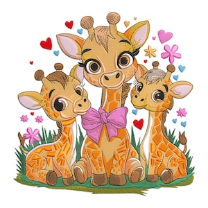 Giraffe Embroidery Design, Giraffes with pink bow Machine Embroidery Design, Cute Giraffes Embroidery File, Baby Giraffe Embroidery Design.