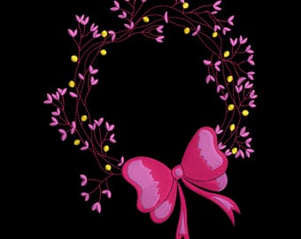 Floral Wreath Embroidery Design, Pink Bow (Digital Download)