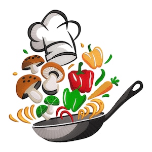 Könnte beinhalten: Ein schwarzer Kochhut mit weißem Rand, eine rote Paprika, eine gelbe Paprika, eine grüne Paprika, Pilze und Karotten fliegen in einen schwarzen Wok.