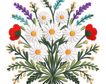 Wildflower Meadow Embroidery Design: Daisy, Poppy, Lavender (PES File)